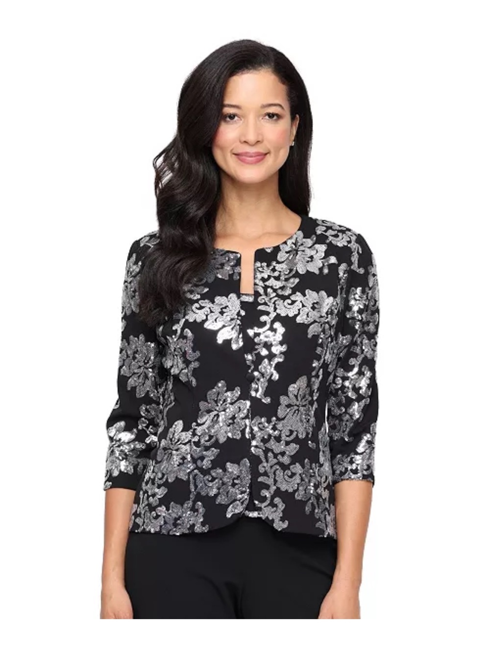 Black & Silver Evenings sequin stretch tank top paired with a matching coat